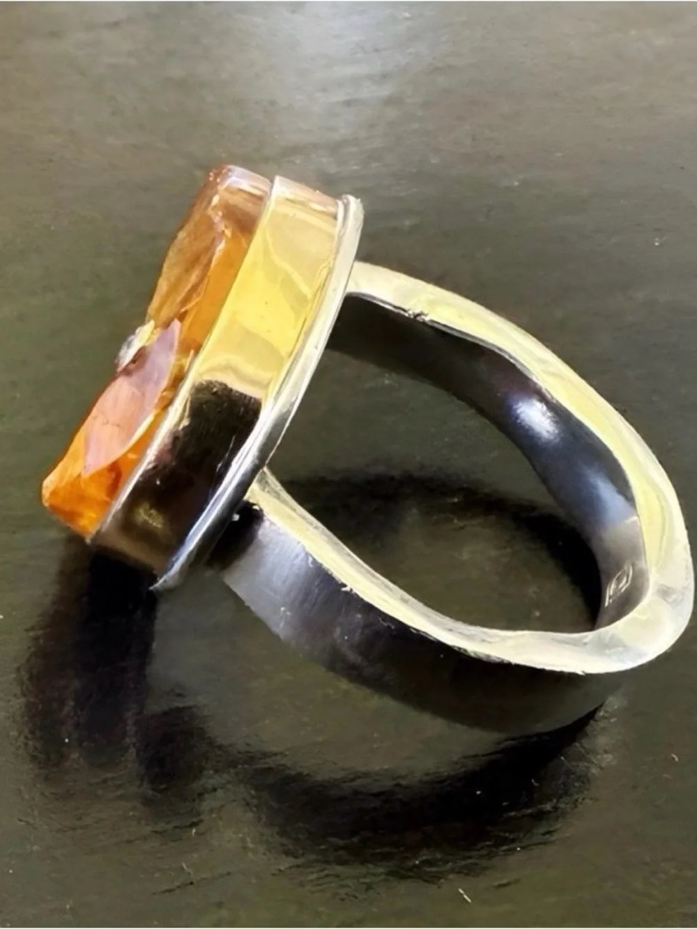 Sterling Silver & Gold Ring Yellow Citrine Slice and Diamond Accent